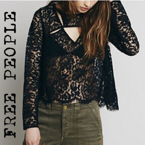 Free People Black Lace Top - Picture 1 of 8